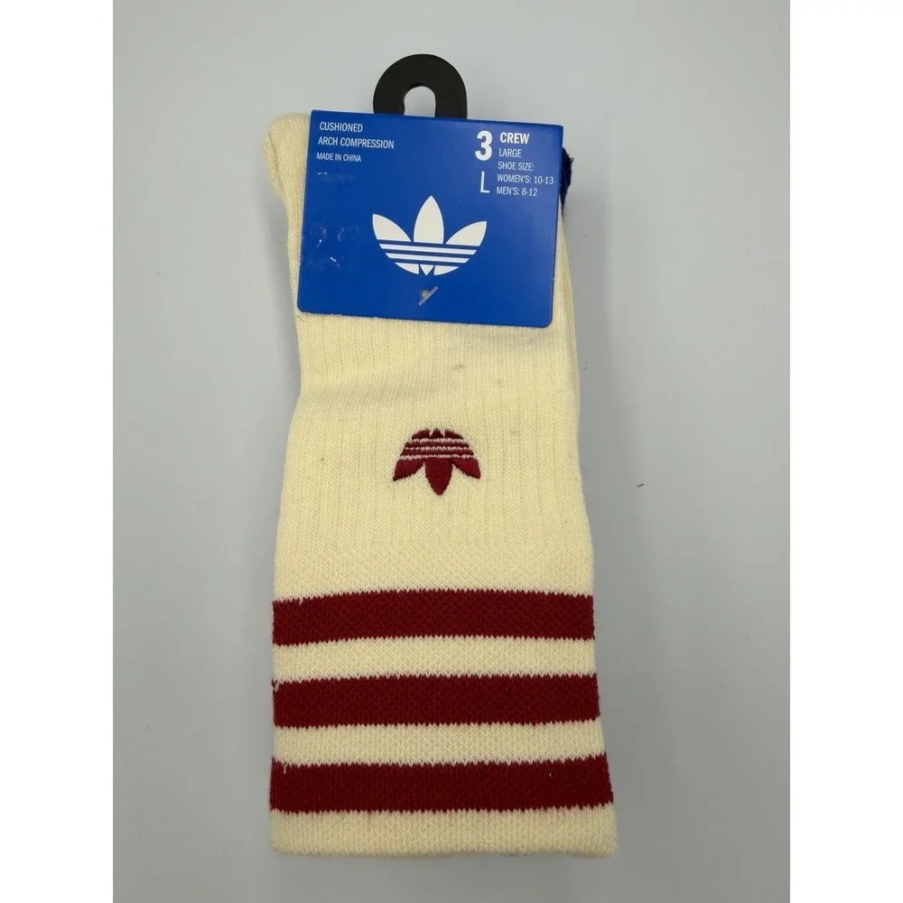 3 Pair Adidas Crew Socks, Men's Shoe Size 8-12 Size L, Red Blue Off White